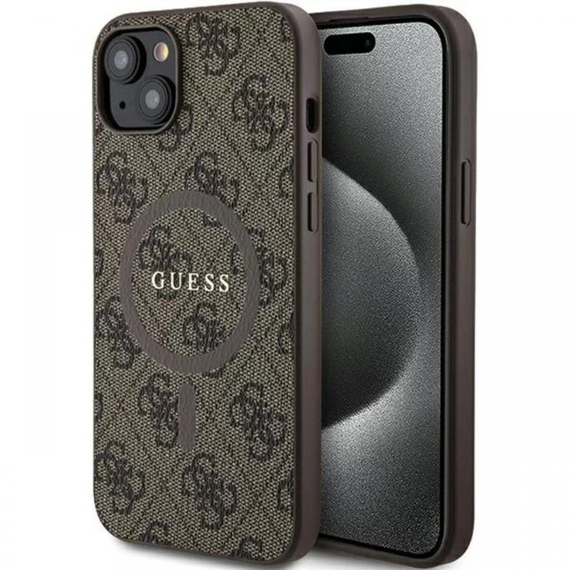 Guess Husa PU Leather 4G Colored Ring MagSafe iPhone 15 Maro
