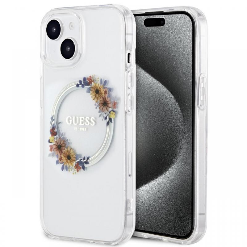 Guess Husa Flowers Ring Logo Glossy MagSafe iPhone 15 Transparent