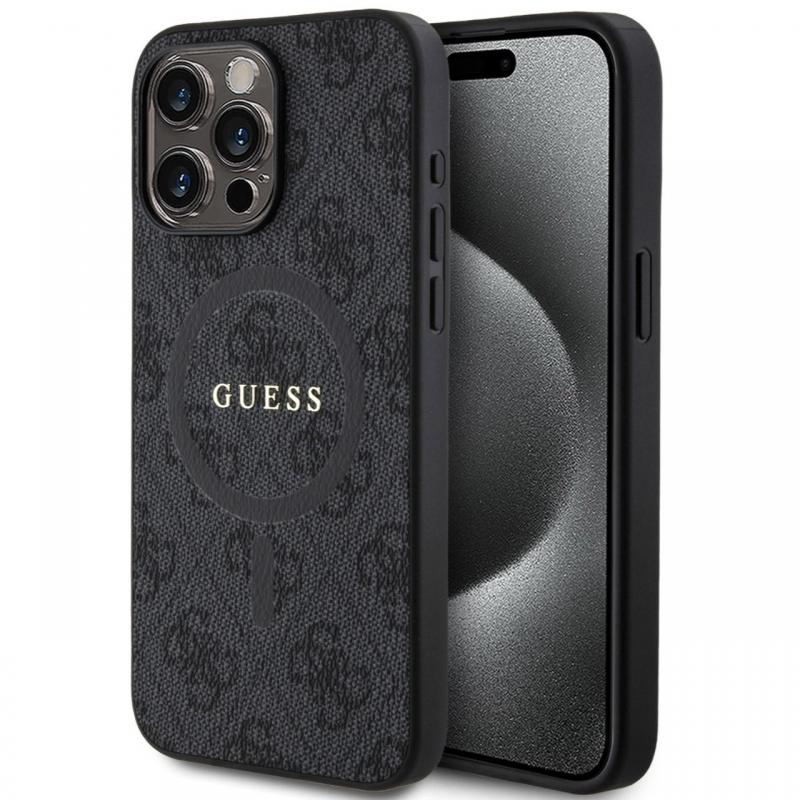 Guess Husa PU Leather 4G Colored Ring MagSafe iPhone 15 Pro Negru