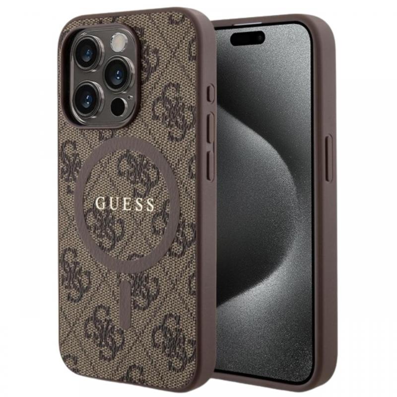 Guess Husa PU Leather 4G Colored Ring MagSafe iPhone 15 Pro Maro