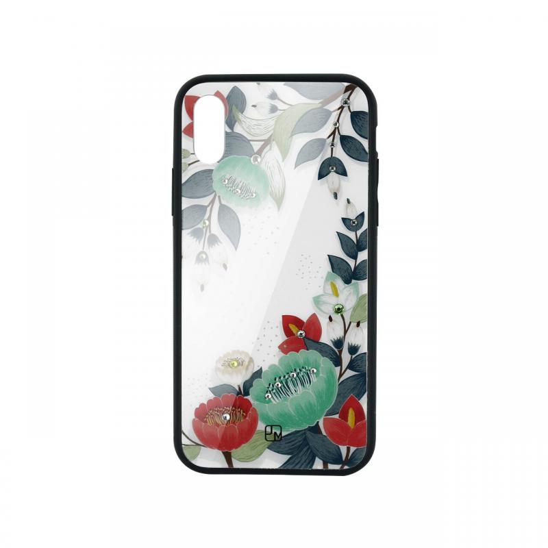 Carcasa Sticla iPhone XS Max Just Must Glass Diamond Print Orange & Green Flowers