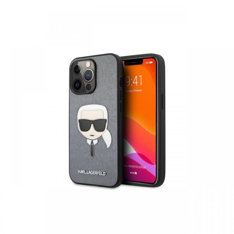 Husa iPhone 13 Pro Karl Lagerfeld Saffiano Karl\'s Head Argintiu