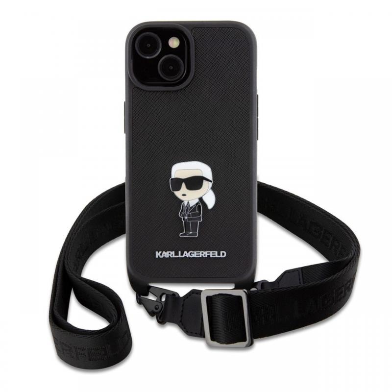 Karl Lagerfeld Husa Saffiano Crossbody Metal Ikonik iPhone 15 Negru