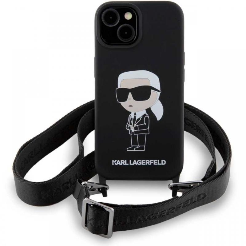 Karl Lagerfeld Husa Liquid Silicone Crossbody Ikonik iPhone 15 Negru