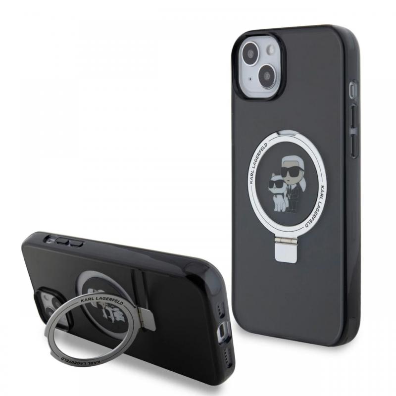 Karl Lagerfeld Husa Ringstand Karl & Choupette MagSafe iPhone 15 Plus Negru