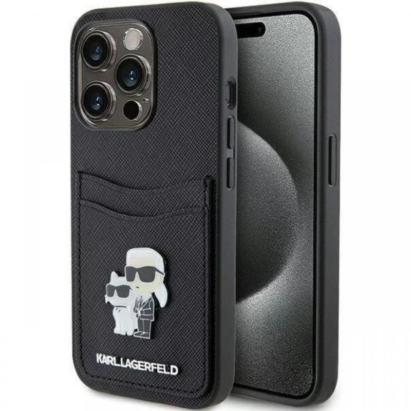 Karl Lagerfeld Husa Saffiano Card Slot Metal Karl&Choupette iPhone 15 Pro Negru