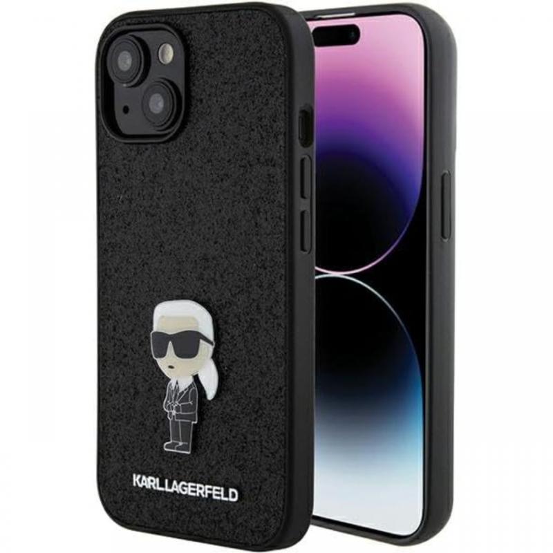 Karl Lagerfeld Husa Fixed Glitter Metal Ikonik iPhone 15 Negru