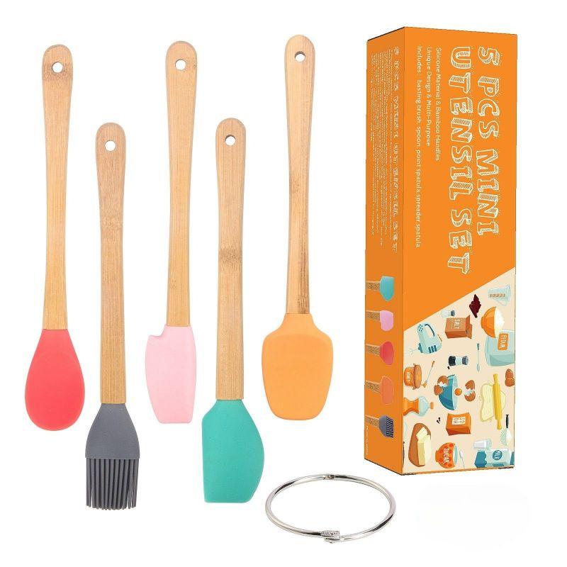 Colectie 5 Mini spatule de silicon eMazing pentru gatit, cu pensula si manere din stejar, culori variate