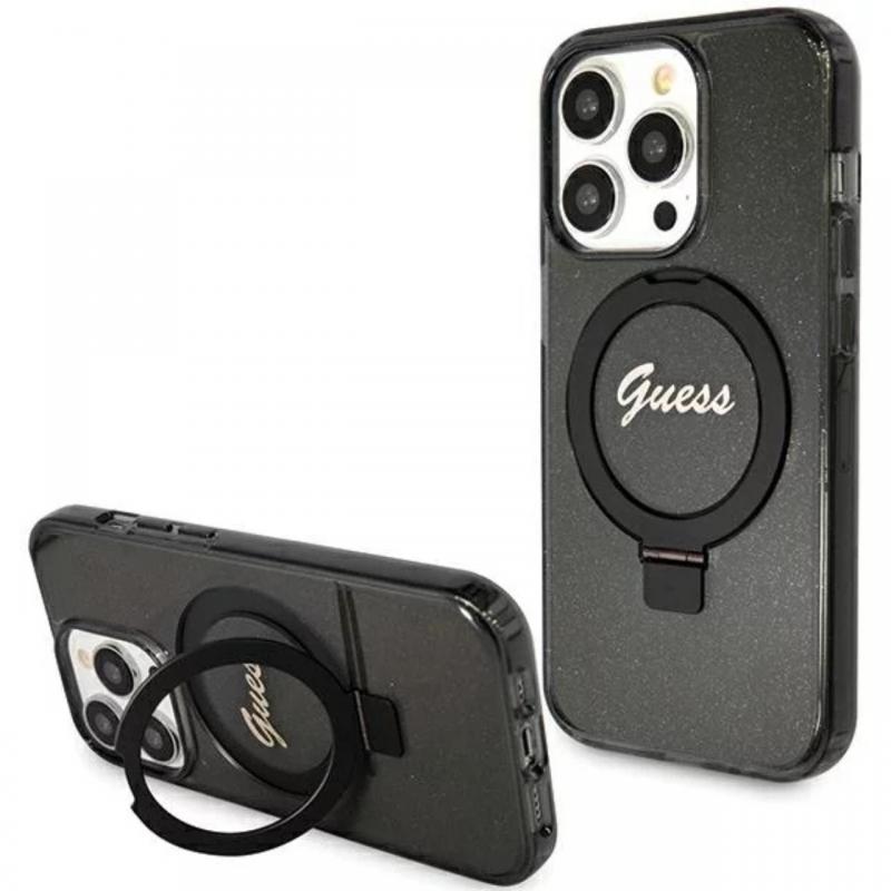 Guess Husa Ring Stand Glitter MagSafe iPhone 15 Pro Negru