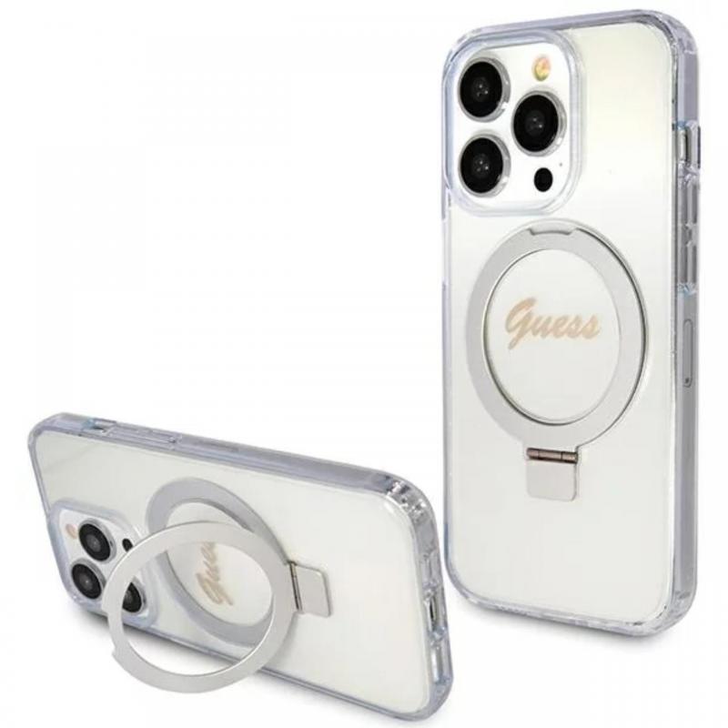Guess Husa Ring Stand Glitter MagSafe iPhone 15 Pro Transparent