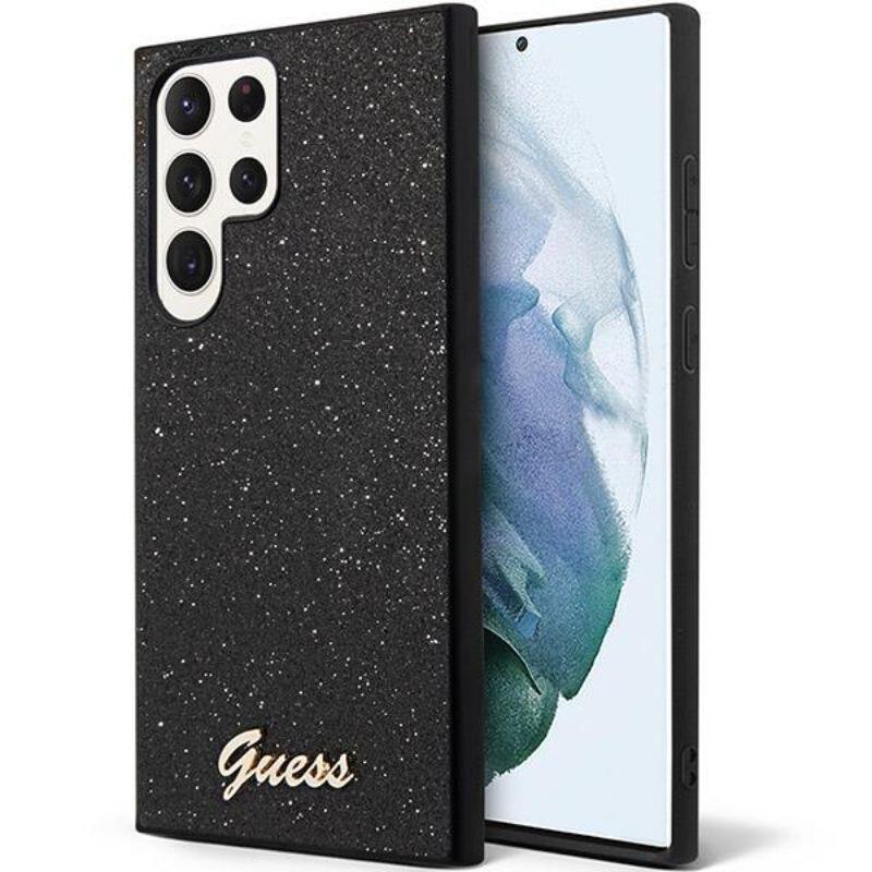 Guess Husa Glitter TPU Flakes Script Metal Logo Samsung Galaxy S23 Ultra Negru