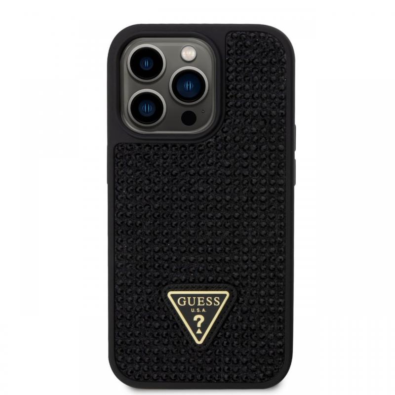 Guess Husa Rhinestones Triangle Metal Logo iPhone 14 Pro Negru