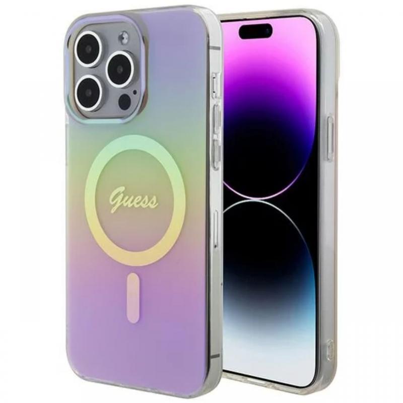 Guess Husa Iridescent Script MagSafe iPhone 15 Pro Roz