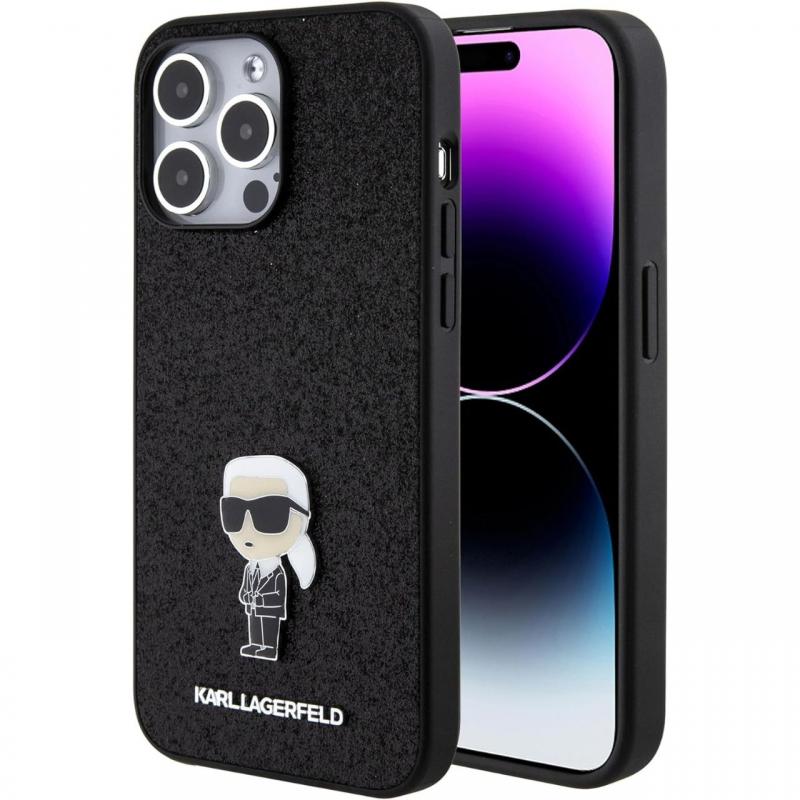 Karl Lagerfeld Husa Fixed Glitter Metal Ikonik iPhone 15 Pro Max Negru