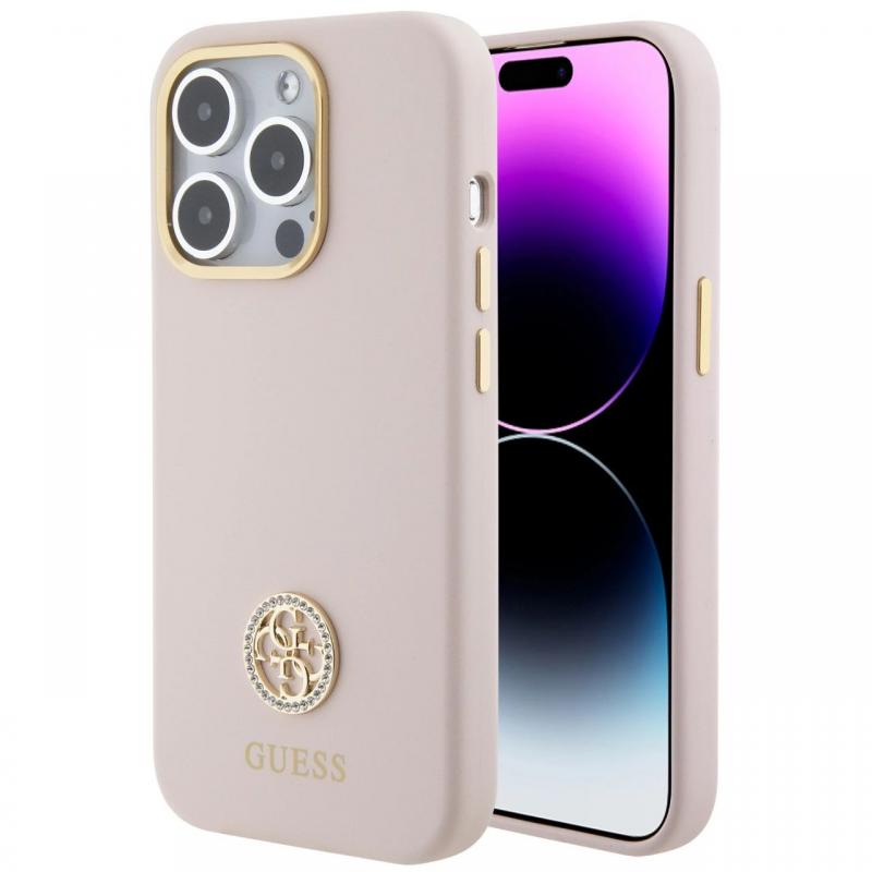 Guess Husa Liquid Silicone 4G Strass Metal Logo iPhone 15 Pro Roz