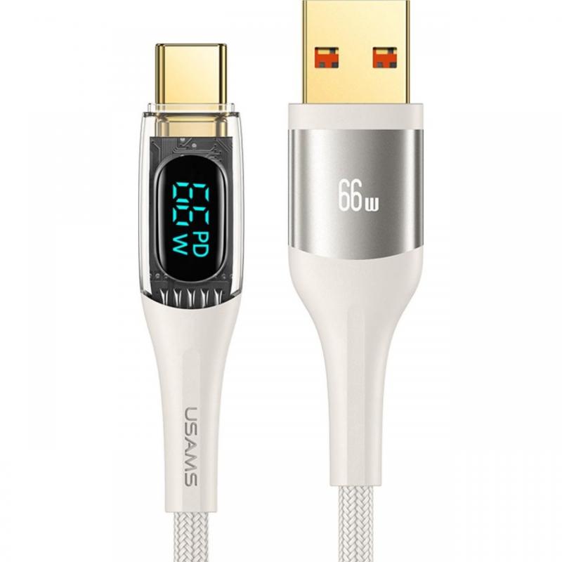 Usams Cablu Digital USB 3.0 la Type-C Fast Charger, PD, 66W, 1.2m, Transparent / Bej