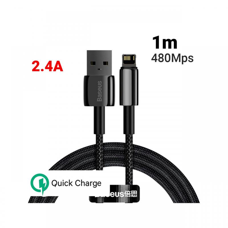 Cablu USB la Lightning Baseus Tungsten Gold Fast Charging 2.4A Black (1m, impletitura nylon)