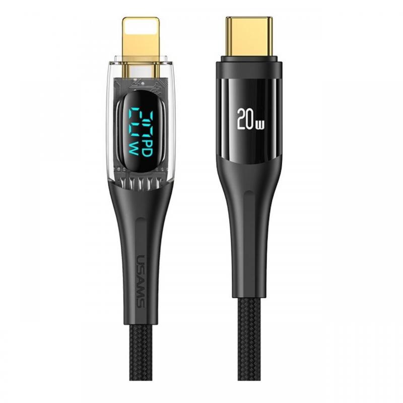 Usams Cablu Digital Type-C la Lightning Fast Charger, PD, 1.2m, Transparent / Negru