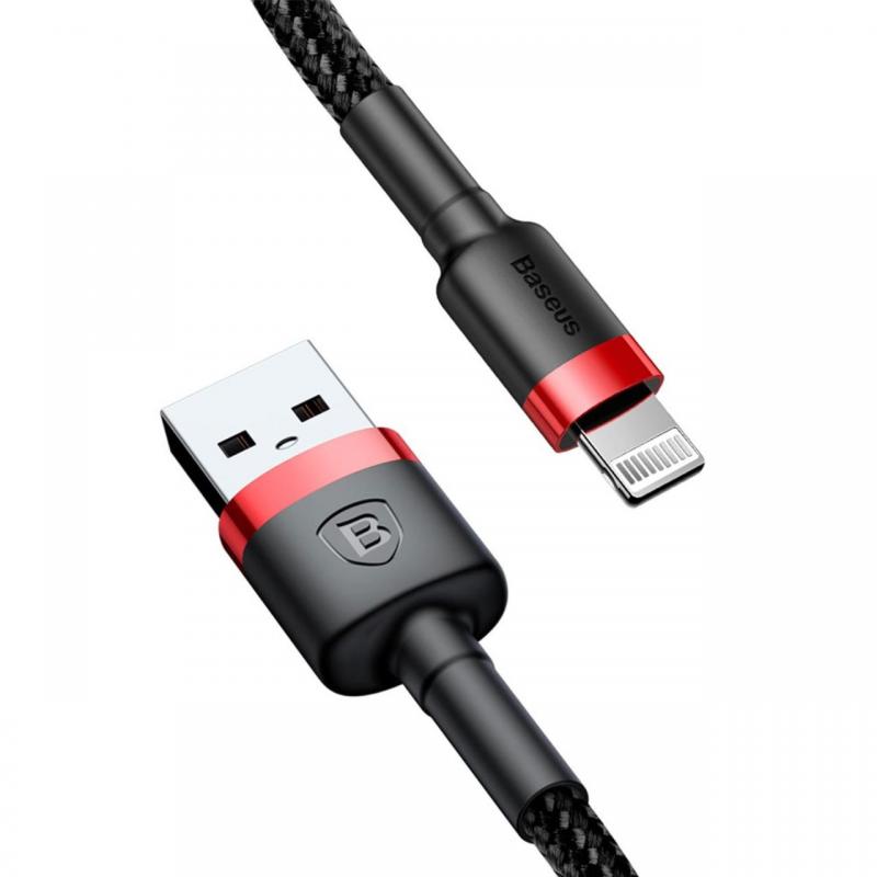 Baseus Cablu Kevlar USB Lightning Red & Black (1m, output 2.4A, impletitura textila)