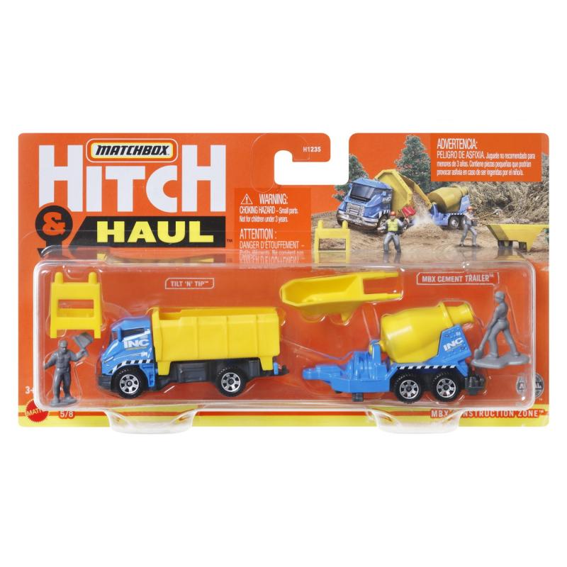 MATCHBOX HITCH&HAUL SET 2 VEHICULE MBX CONSTRUCTION ZONE TILT N TIP MBX CEMENT TRAILER SCARA 1:64