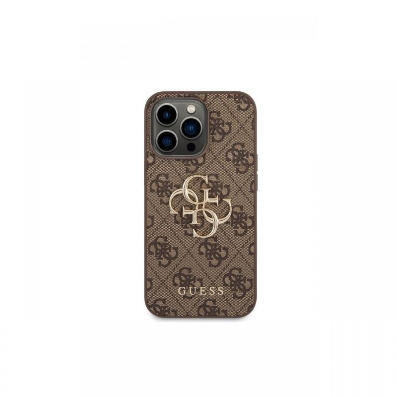 Husa iPhone 14 Pro Guess Leather 4G Metal Logo Brown