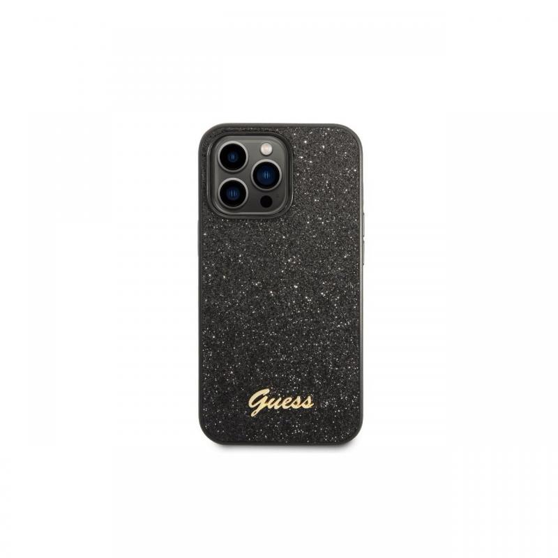 Husa iPhone 14 Pro Guess Glitter TPU Flakes Script Metal Logo Black