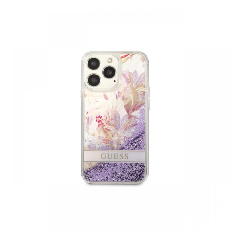 Husa iPhone 13 Pro Guess Liquid Glitter Flower Violet