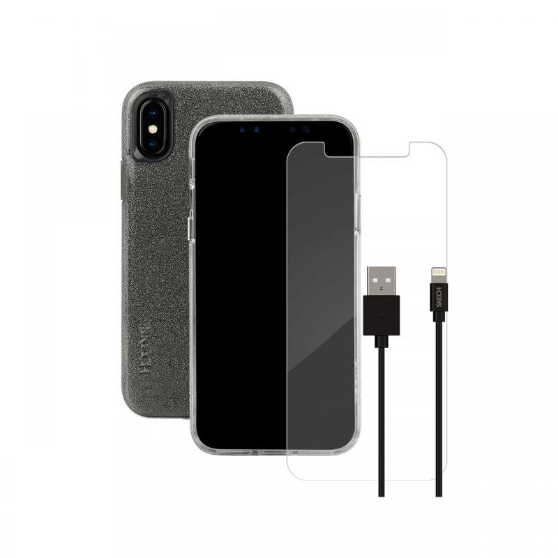 Pachet Husa Sparkle Clear + Cablu Lightning + Folie Sticla Skech pentru iPhone XS / X