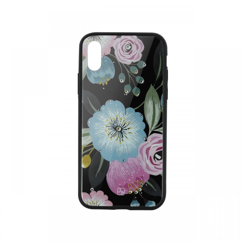 Carcasa iPhone X / XS Just Must Glass Diamond Print Flowers Black Background