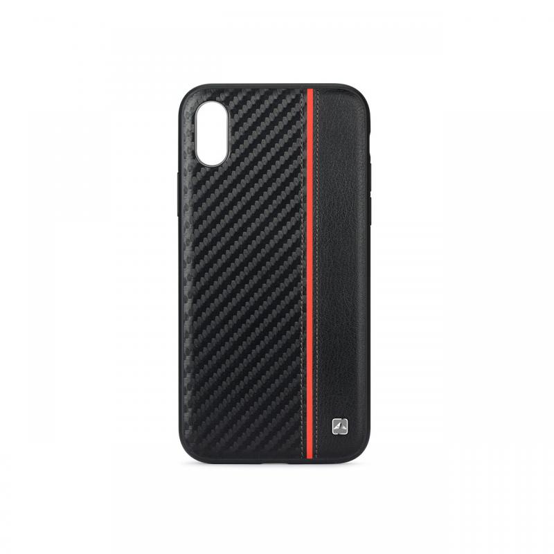 Husa iPhone XS / X Meleovo Carbon Black & Red (placuta metalica integrata)