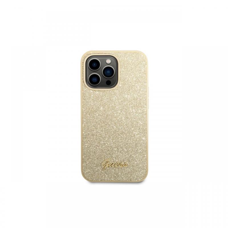 Husa iPhone 14 Pro Guess Glitter TPU Flakes Script Metal Logo Gold