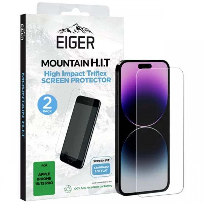 Eiger Folie Clear Triflex H.I.T iPhone 15 / 15 Pro, pachet de 2 buc, Clear