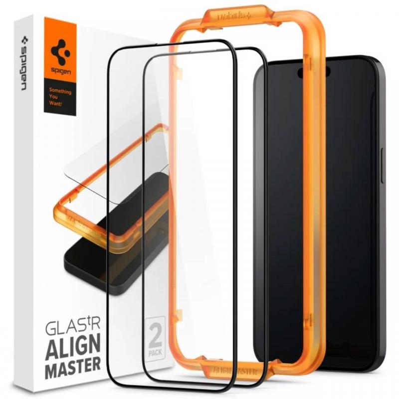 Spigen Folie Sticla Glass tR AlignMaster iPhone 15 Pro, kit de montare, 2 buc/pachet, Black