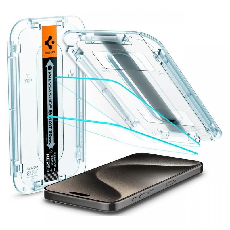 Spigen Folie Sticla Glass tR EZ Fit iPhone 15 Pro Max, set 2 buc, kit de montare, Transparent