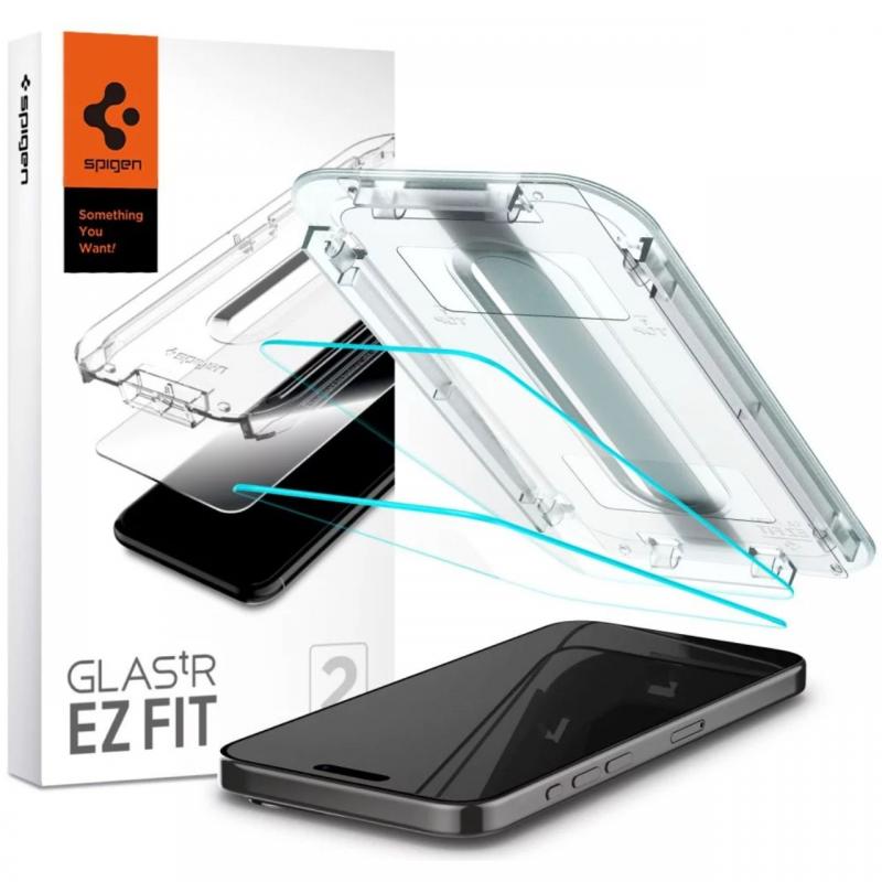 Spigen Folie Sticla Glass tR EZ Fit iPhone 15 Pro, set 2 buc, kit de montare, Transparent