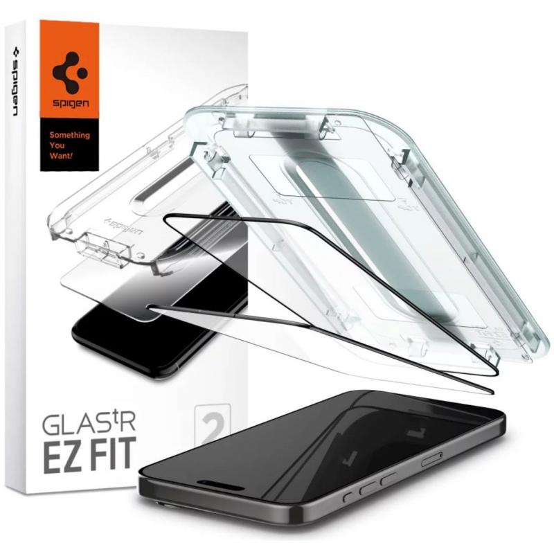 Spigen Folie Sticla Glass tR EZ Fit iPhone 15 Pro, set 2 buc, kit de montare, Black