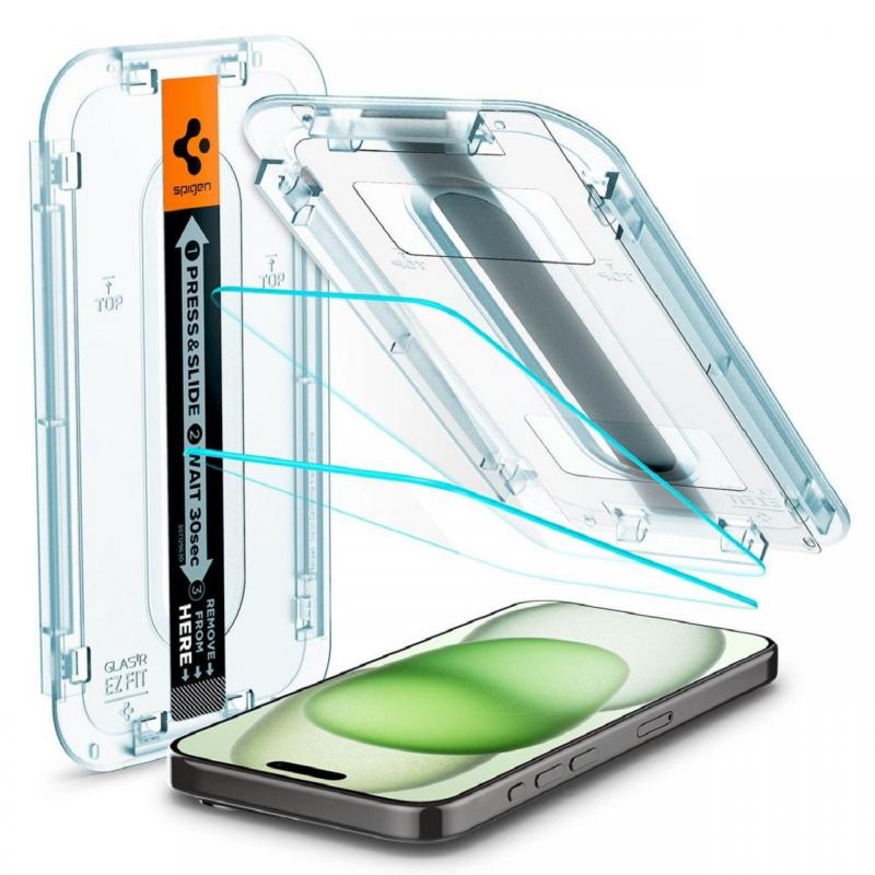 Spigen Folie Sticla Glass tR EZ Fit iPhone 15 Plus set 2 buc, kit de montare, Transparent