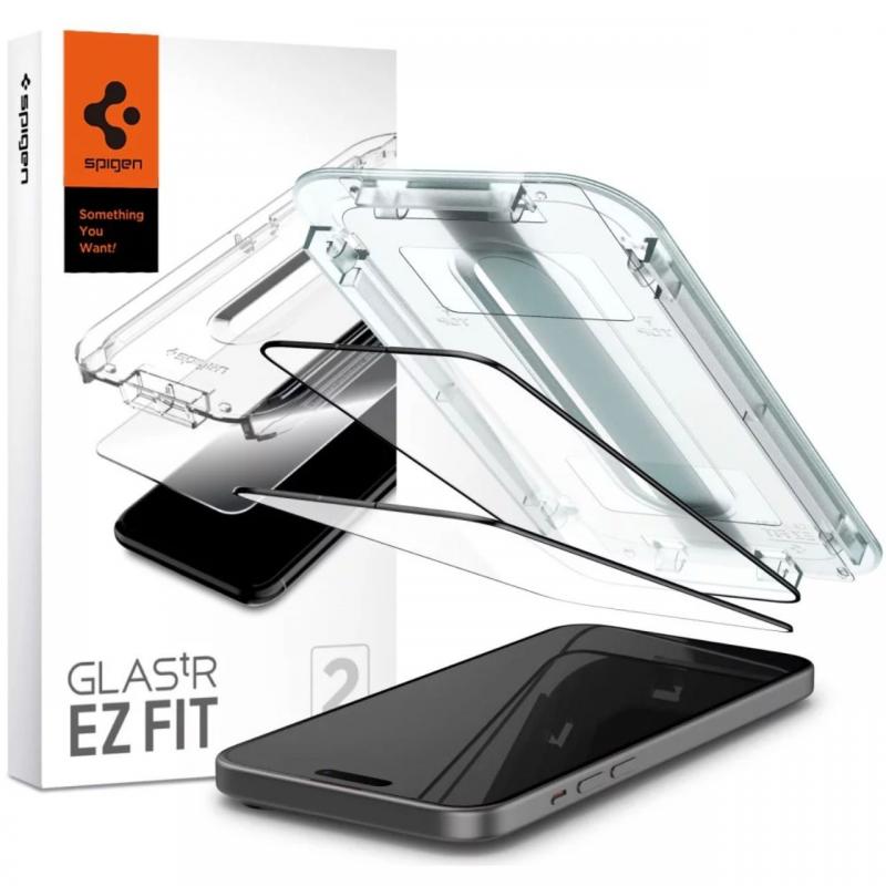 Spigen Folie Sticla Glass tR EZ Fit iPhone 15 set 2 buc, kit de montare, Black