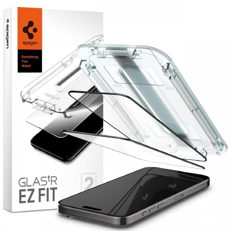 Spigen Folie Sticla Glass tR EZ Fit iPhone 15 Pro Max, set 2 buc, kit de montare, Black