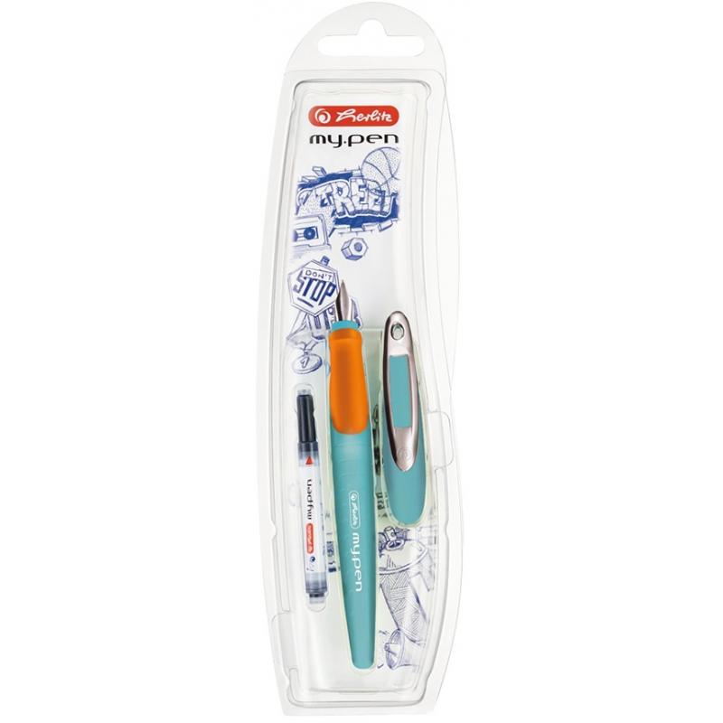 Stilou My.Pen, penita M, turcoaz/orange, pe blister, Herlitz