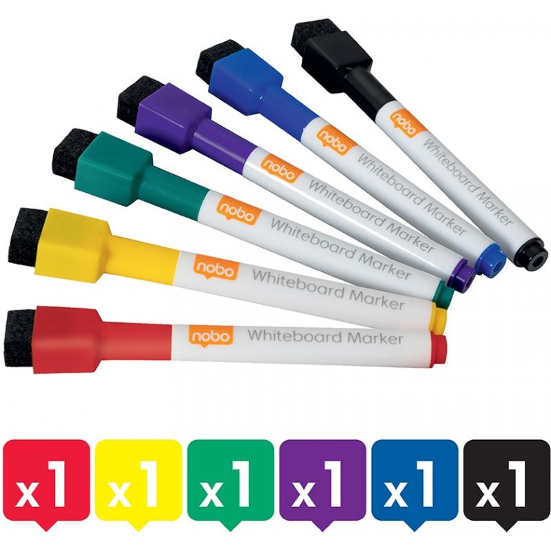 Marker pentru table si flipcharturi, varf rotund 2 mm, burete integrat, mini, 6 buc/cutie, diverse culori NOBO