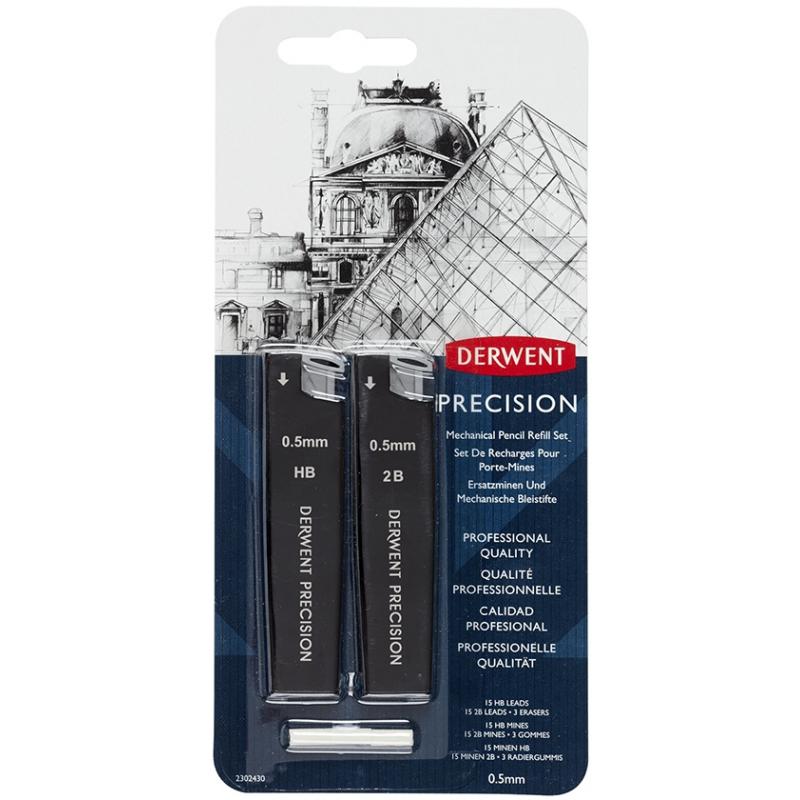 Set 30 rezerve mine si 3 radiere, pentru creion mecanic HB/2B 0.5 mm, negru Derwent Professional