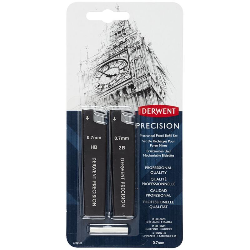 Set 30 rezerve mine si 3 radiere, pentru creion mecanic HB/2B 0.7 mm, negru Derwent Professional