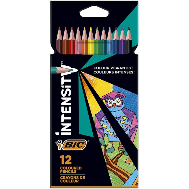 Creioane colorate Intensity, mina ultra-rezistenta, 12 culori/set BIC