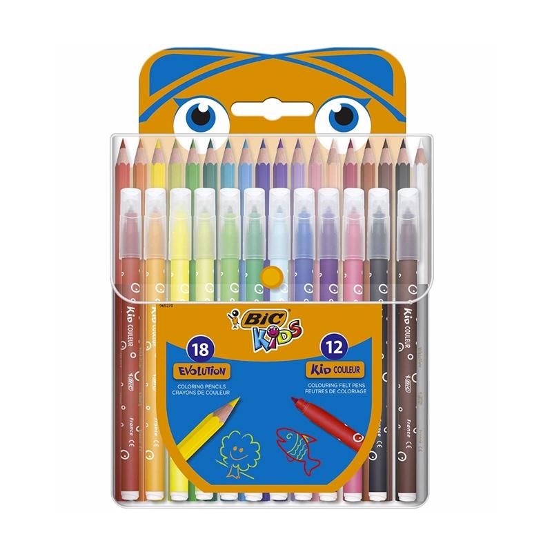 Set mixt coloriaj, creioane colorate Evolution si markere de colorat Kid Couleur, 18 + 12 bucati/set, Bic