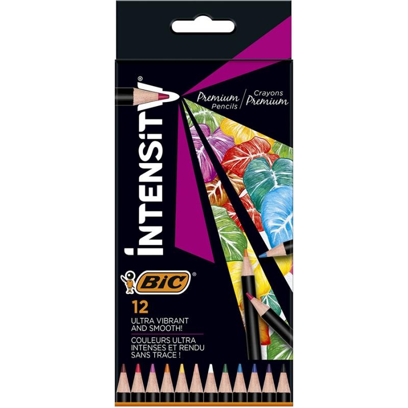 Creioane colorate din lemn, mina ultra-rezistenta, 12 culori/set, BIC Intensity Premium