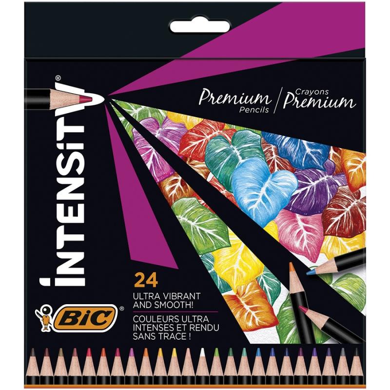 Creioane colorate din lemn, mina ultra-rezistenta, 24 culori/set, BIC Intensity Premium