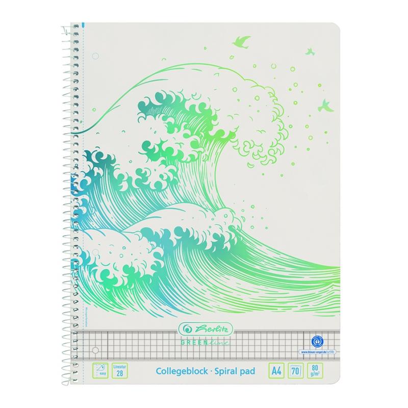 Caiet cu spira A4, 70 file, matematica, Wave Greenline, Herlitz