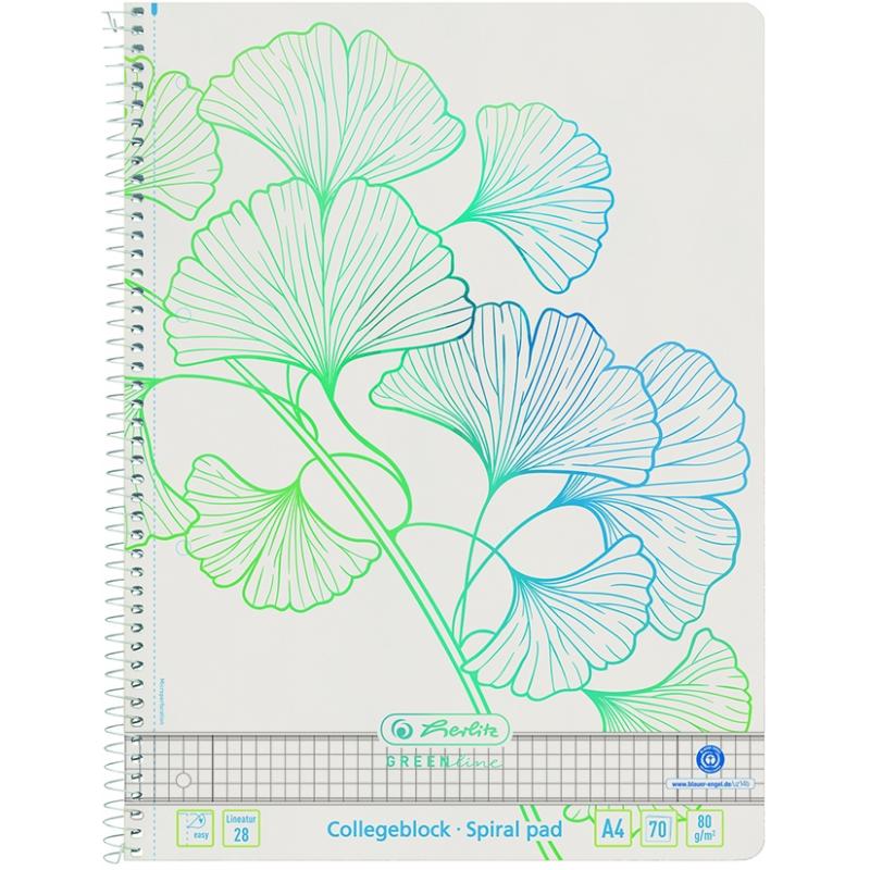 Caiet cu spira A4, 70 file, matematica, Ginkgo Greenline, Herlitz