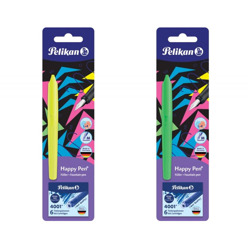 Stilou Happy Pen, galben neon/verde neon + 6 patroane mici, blister, Pelikan